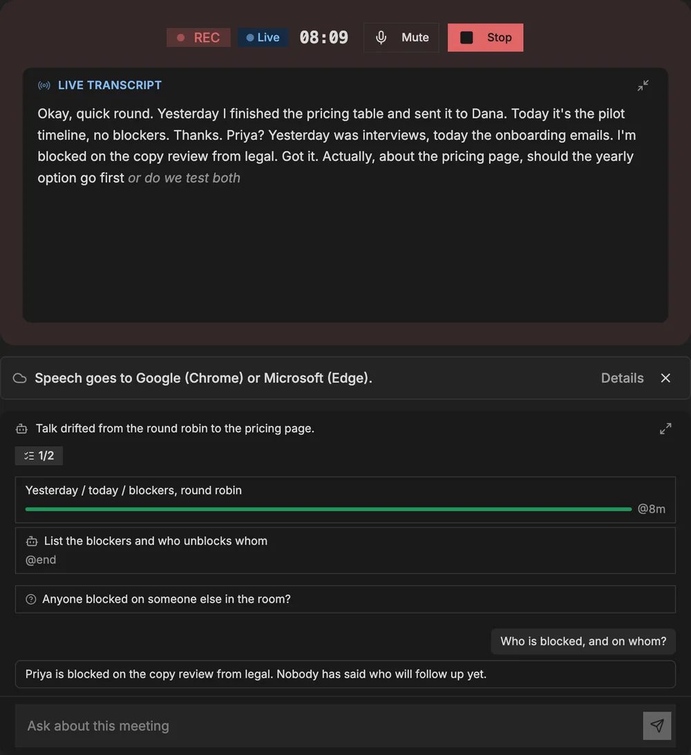 A standup in progress: the live transcript, the standup plan with its agenda items, and a chat answer about the meeting