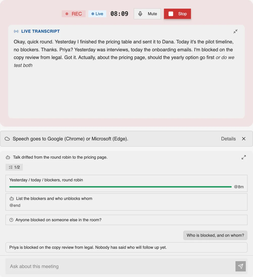 A standup in progress: the live transcript, the standup plan with its agenda items, and a chat answer about the meeting