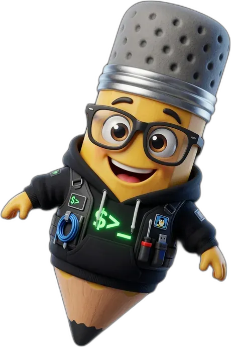 Pencil mascot in a hoodie with a terminal prompt, the developer persona