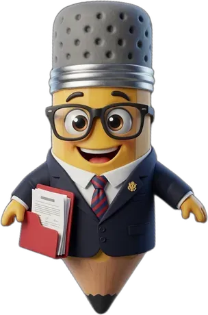Pencil mascot in a navy suit holding a legal folder