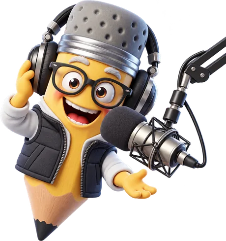 Pencil mascot in headphones and glasses talking into a studio microphone