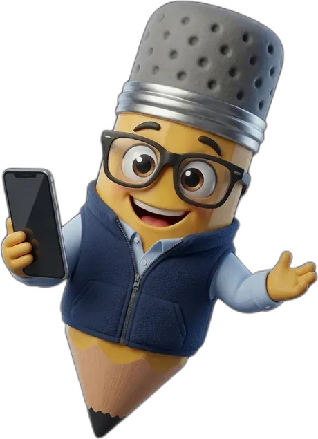 Pencil mascot in a fleece vest and glasses holding a smartphone, the founder persona